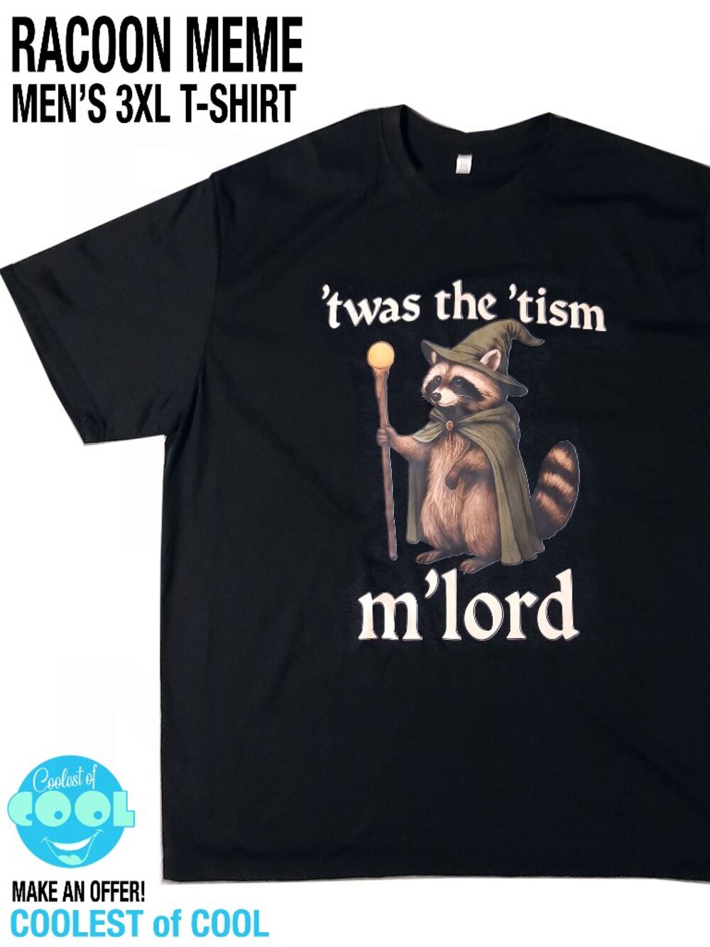Twas the tism wizard Raccoon meme t-shirt black size 3XL funny shirt new